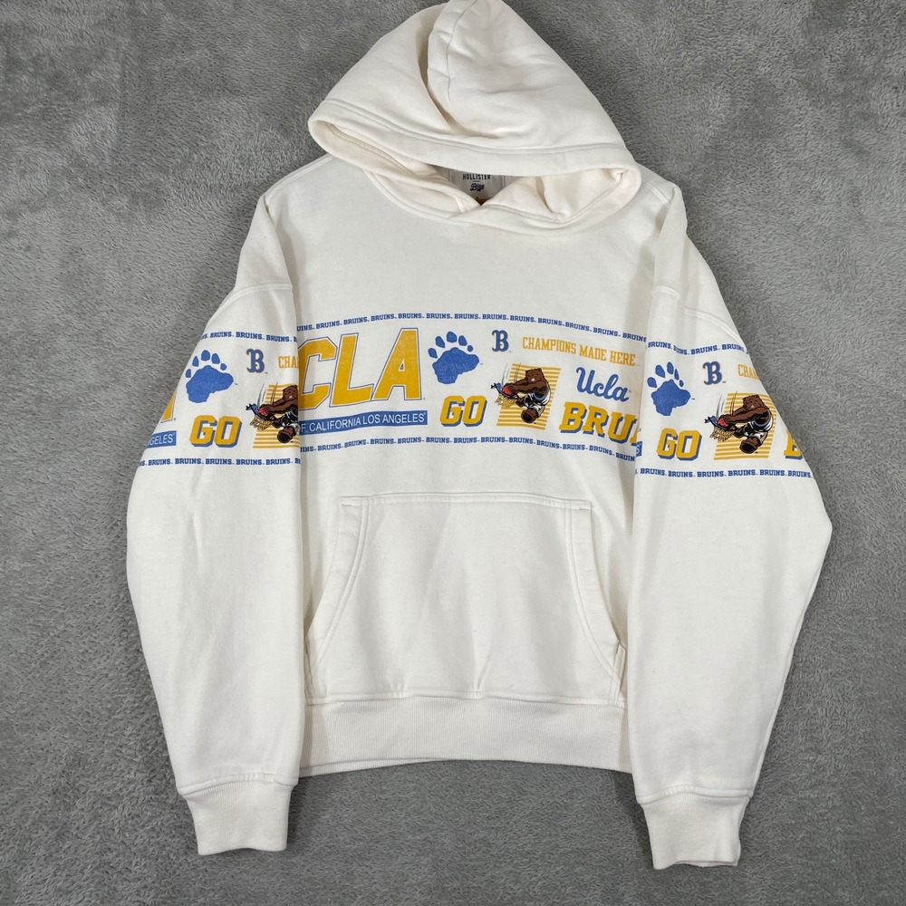 Hollister UCLA Hoodie Blue 84 Mens Small White Bruins Boxy Fit Hooded Sweatshirt
